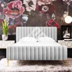 grey velvet tufted bed