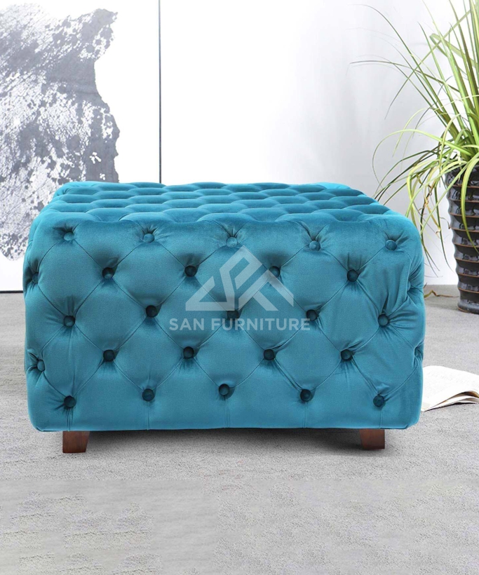 blue Square Tufted Fabric, Bench