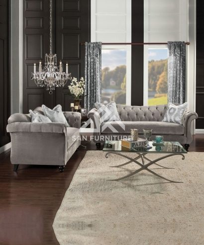 Royal style tufted sofa in light mocha fabric