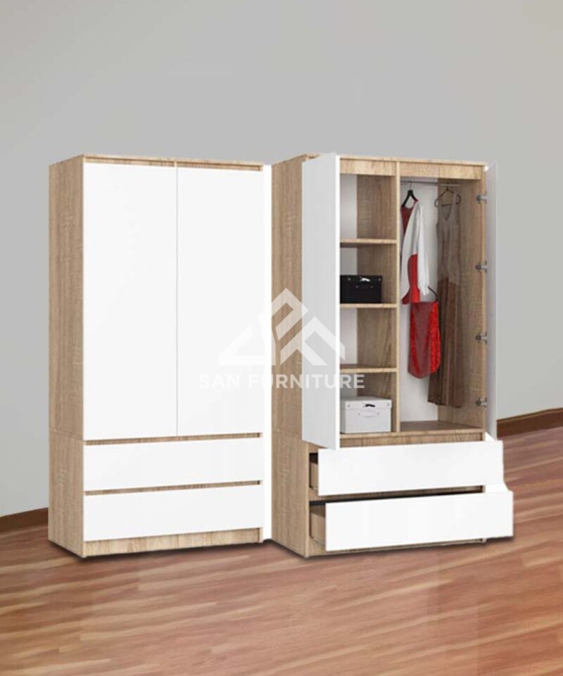 SAN 2 Door Wardrobe with Extra 2 Drawers in White/Oak