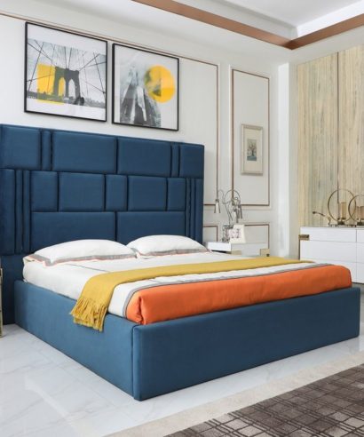 blue fabric bed