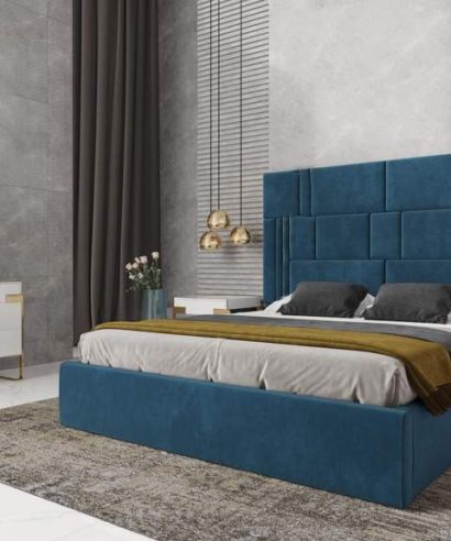 blue fabric bed