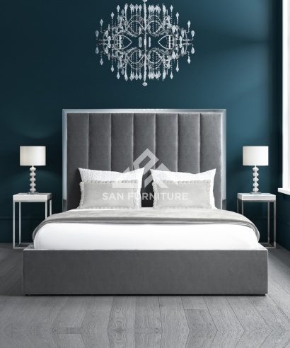Grey Velvet Double Ottoman Bed