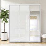 3 Door White Wardrobe with Curved Edges and Mirror Door