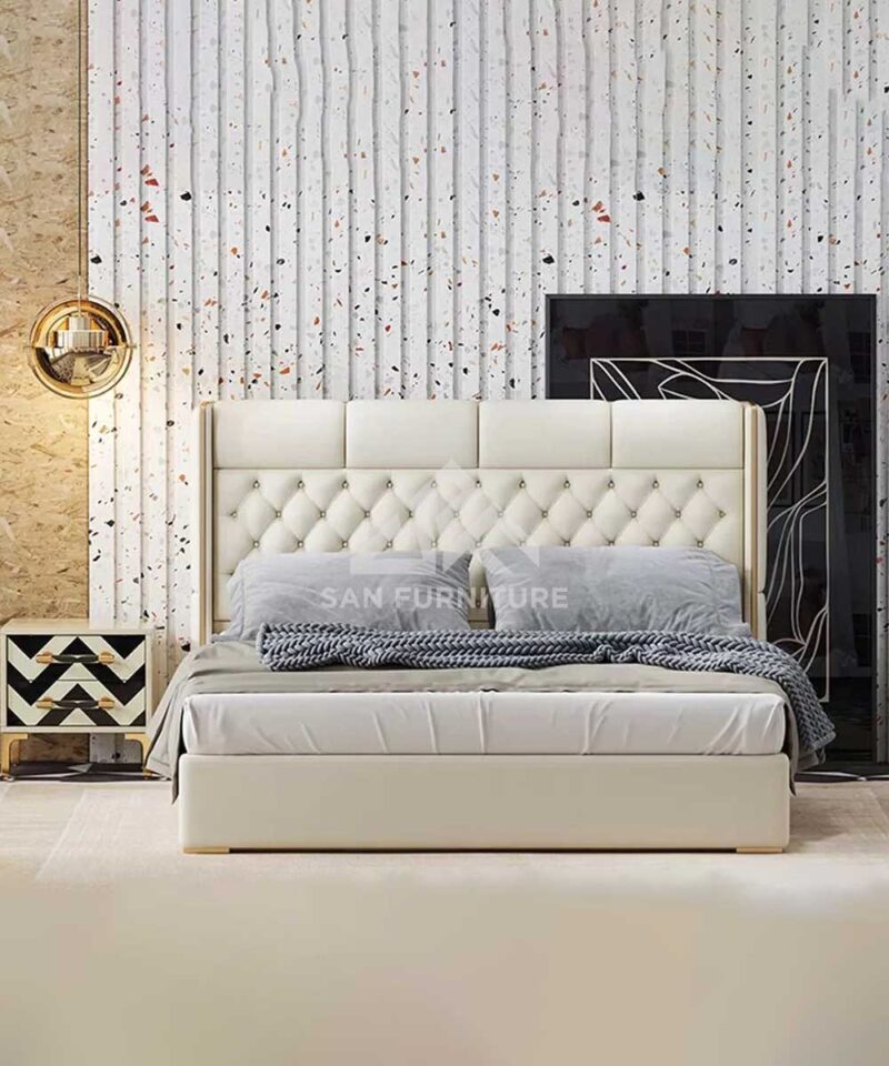High-shine luster surrounds headboard Bed