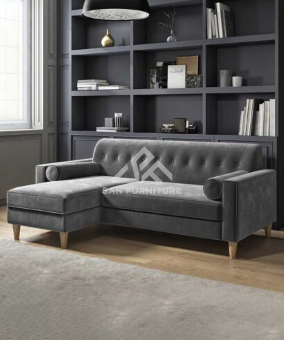 Left-Handed Grey Velvet L-Shaped Sofa with Footstool