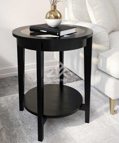 Round Black Wood End Table