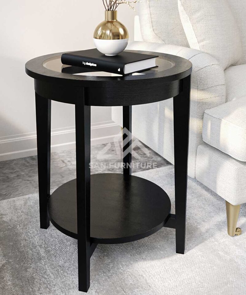 Toula Glass Top Round Black Wood End Table