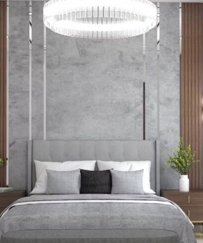 Modern Master Bedroom Wall panel bed Design In Grey