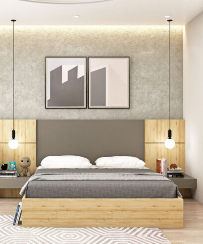 Wooden Laminate Finish With Upholstered Headboard Bed
