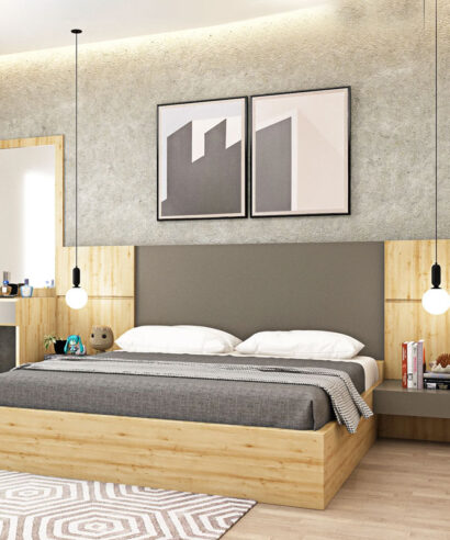 Wooden Laminate Finish With Upholstered Headboard Bed